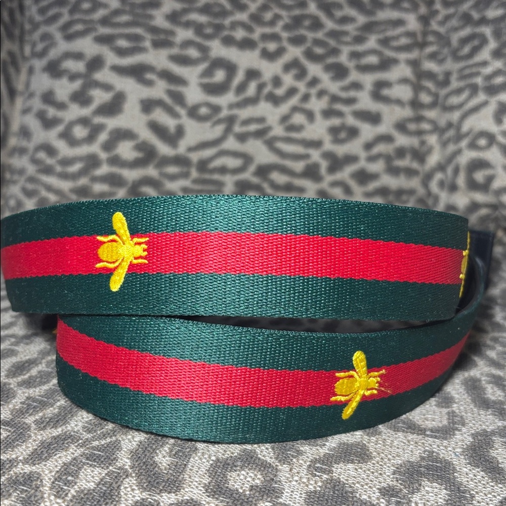 Bee belt strap (no buckle) red & green striped belt bee detail statement belt - Picture 4 of 10